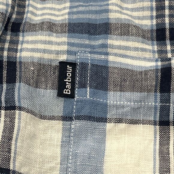 Barbour Shirt Mens Large Linen Blue White Plaid Tailored Fit Long Sleeve - Picture 4 of 7